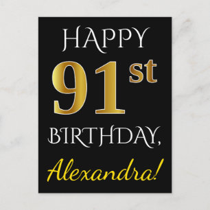 Carte Postale Noir, Faux Gold 91ème Anniversaire + Nom personnal