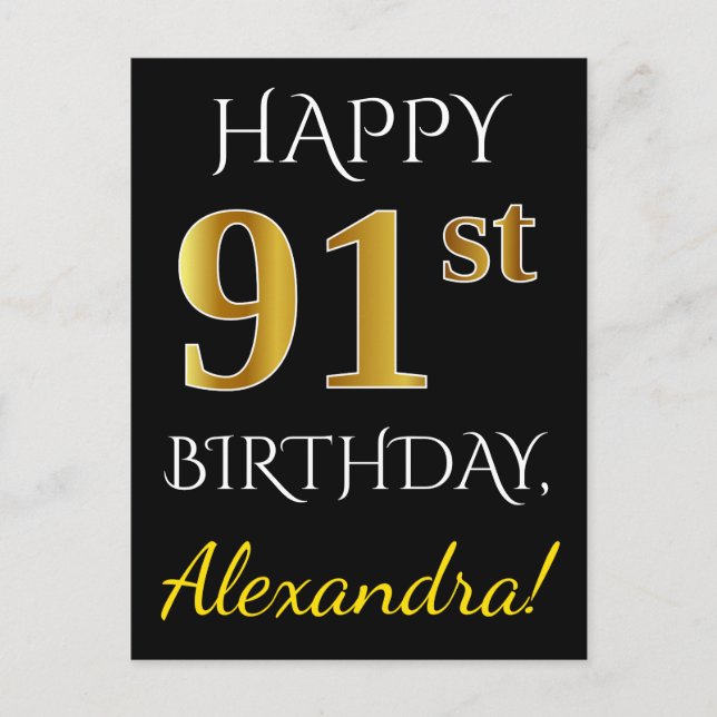 Carte Postale Noir, Faux Gold 91ème Anniversaire + Nom personnal (Devant)