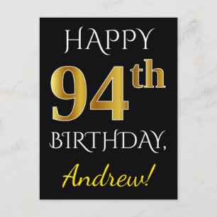 Carte Postale Noir, Faux Gold 94e anniversaire + Nom personnalis