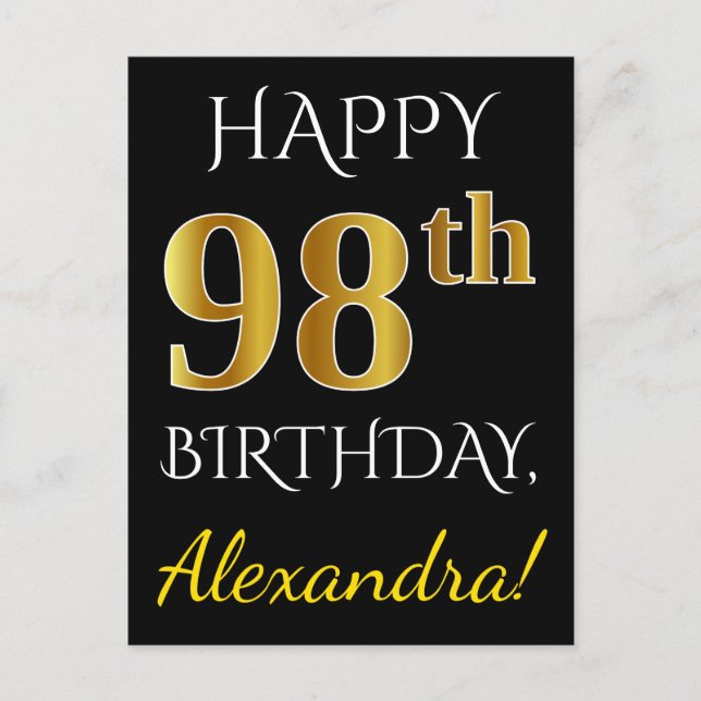 Carte Postale Noir, Faux Gold 98e anniversaire + Nom personnalis (Devant)