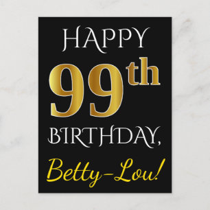 Carte Postale Noir, Faux Gold 99e anniversaire + Nom personnalis