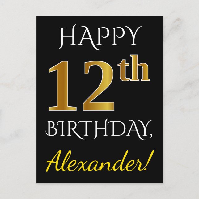 Carte Postale Noir, Faux Or 12e anniversaire + Nom personnalisé (Devant)