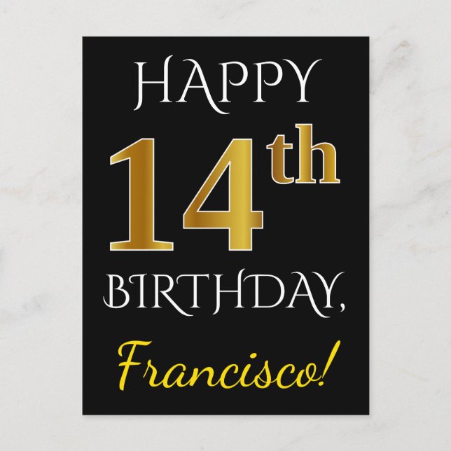 Carte Postale Noir, Faux Or 14e anniversaire + Nom personnalisé (Devant)