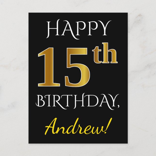 Carte Postale Noir, Faux Or 15e anniversaire + Nom personnalisé (Devant)