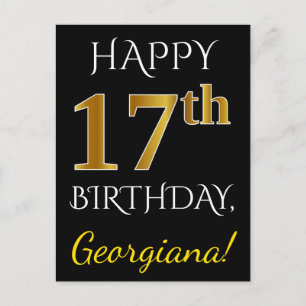 Carte Postale Noir, Faux Or 17ème anniversaire + Nom personnalis