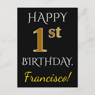 Carte Postale Noir, Faux Or 1er anniversaire + Nom personnalisé