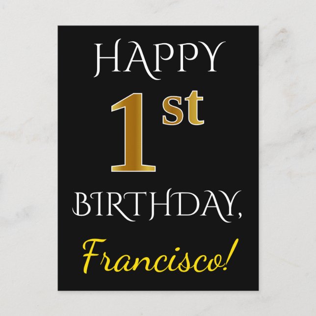 Carte Postale Noir, Faux Or 1er anniversaire + Nom personnalisé (Devant)