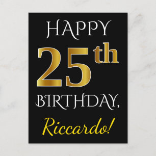 Carte Postale Noir, Faux Or 25e anniversaire + Nom personnalisé