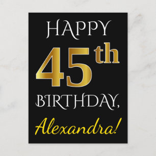 Carte Postale Noir, Faux Or 45ème anniversaire + Nom personnalis