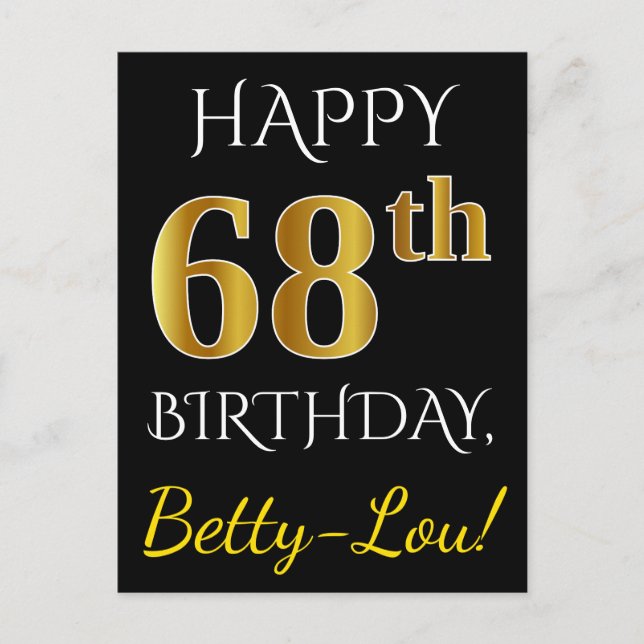 Carte Postale Noir, Faux Or 68e anniversaire + Nom personnalisé (Devant)