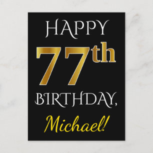 Carte Postale Noir, Faux Or 77e anniversaire + Nom personnalisé