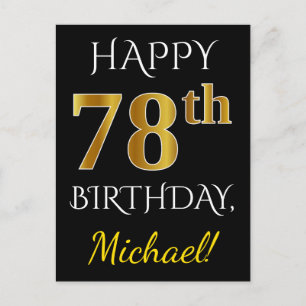 Carte Postale Noir, Faux Or 78e anniversaire + Nom personnalisé