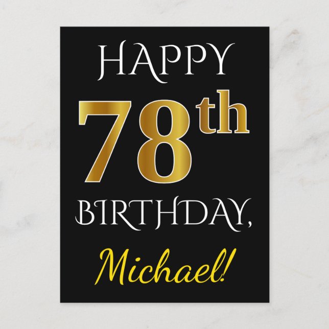 Carte Postale Noir, Faux Or 78e anniversaire + Nom personnalisé (Devant)