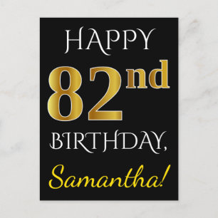 Carte Postale Noir, Faux Or 82e anniversaire + Nom personnalisé