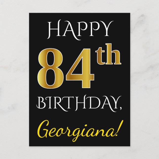 Carte Postale Noir, Faux Or 84e anniversaire + Nom personnalisé (Devant)