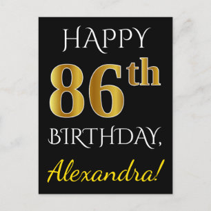 Carte Postale Noir, Faux Or 86e anniversaire + Nom personnalisé