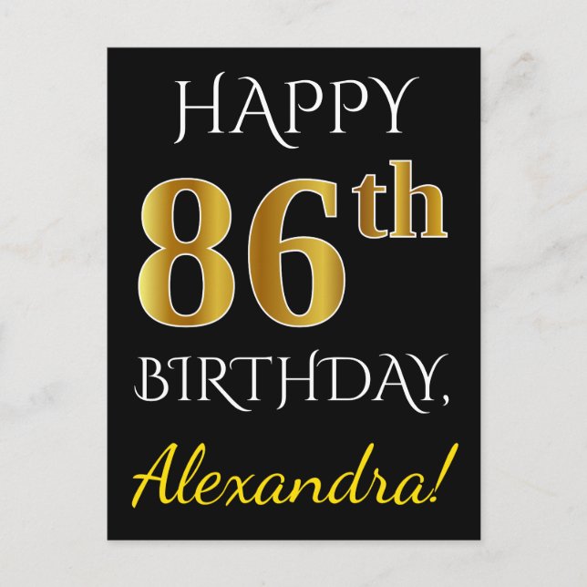 Carte Postale Noir, Faux Or 86e anniversaire + Nom personnalisé (Devant)