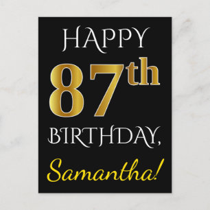Carte Postale Noir, Faux Or 87e anniversaire + Nom personnalisé