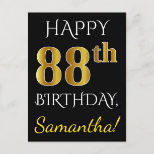 Carte Postale Noir, Faux Or 88e anniversaire + Nom personnalisé