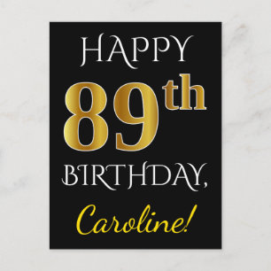 Carte Postale Noir, Faux Or 89e anniversaire + Nom personnalisé