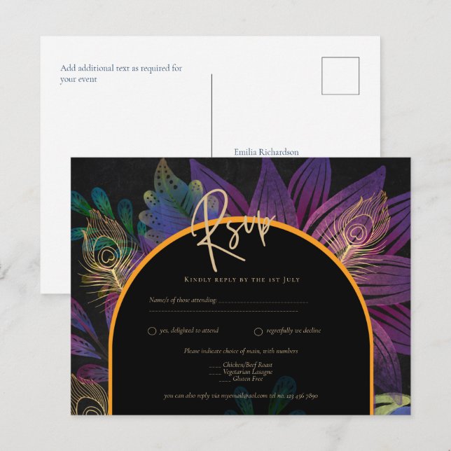 Carte Postale Noir Peacock Jewel Tones Floral Mariage (Devant / Derrière)