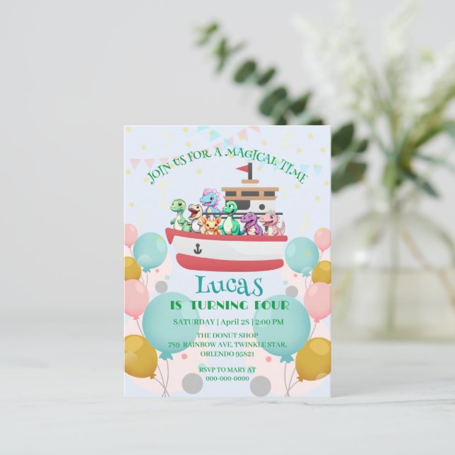 Carte Postale Nom de fête d'anniversaire de yacht de dinosaure d (Debout devant)