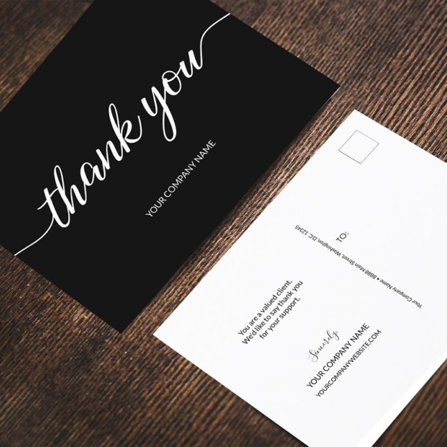 Carte Postale Nom de l'entreprise simple noir et blanc Script (Black white, simple, modern script thank you from business to customers.)