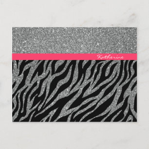 Carte Postale Nom Glam Zèbre Rose Argent Paillettes Féminin Pers
