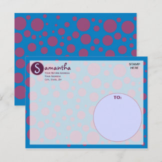 Carte Postale Nom Initial Bleu Violet Points de Lune Cercles