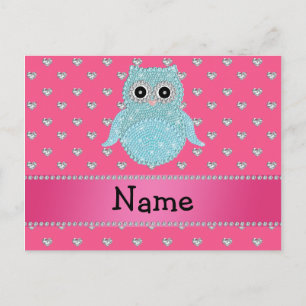 Carte Postale Nom personnalisé bling hibou diamants coeurs roses