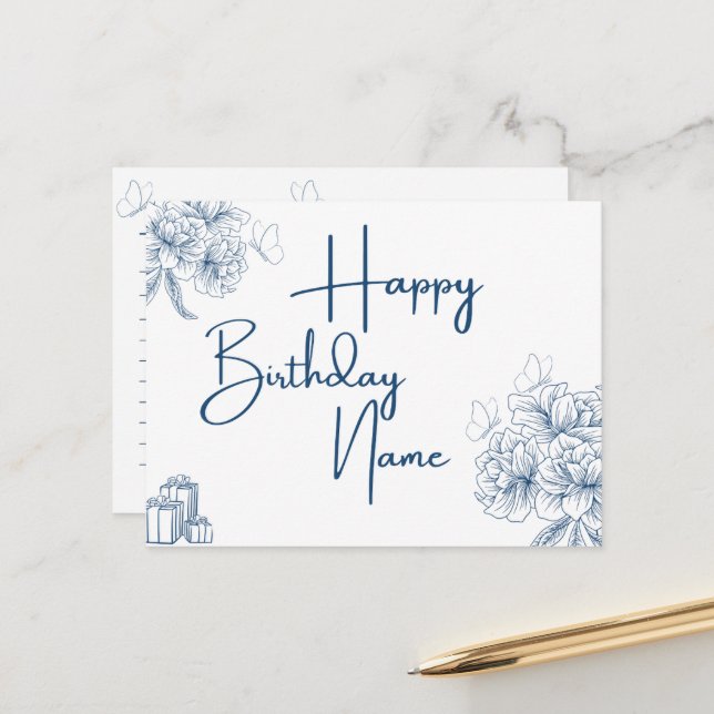Carte Postale Nom personnalisé Message d'anniversaire - Floral & (Devant/Arrière en situation)