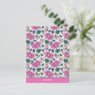 Carte Postale Nom personnalisé motif floral rose transparent