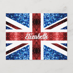 Carte Postale Nom personnalisé paillettes rouges et bleues UK