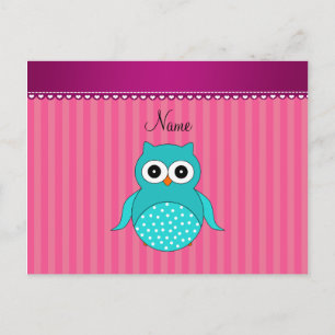Carte Postale Nom personnalisé turquoise chouette rayures roses