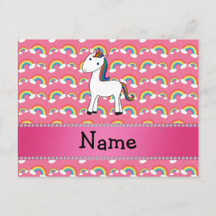Carte Postale Nom personnalisé unicorn arc-en-ciel rose