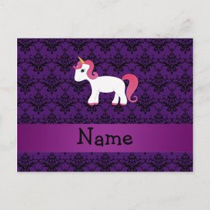 Carte Postale Nom personnalisé unicorne pourpre damask