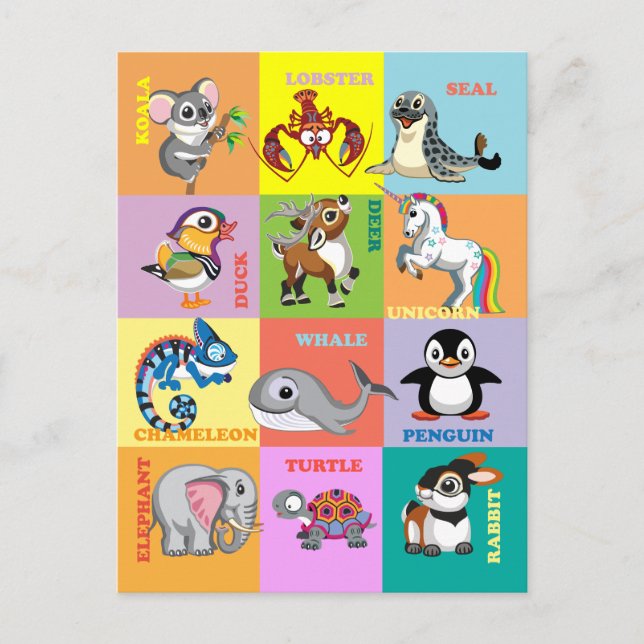 Carte Postale Noms d'animaux avec des dessins animaliers (Devant)