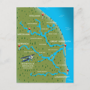 Carte Postale Norfolk Broads Angleterre Map.