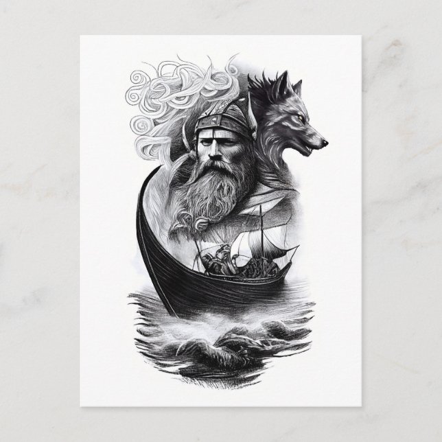 Carte Postale northern mythology Odin Fenriswolf and viking ship (Devant)
