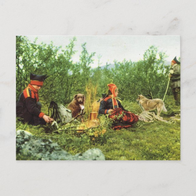 Carte Postale Norvège vintage, Laponie, Feu de feu de la famille (Devant)