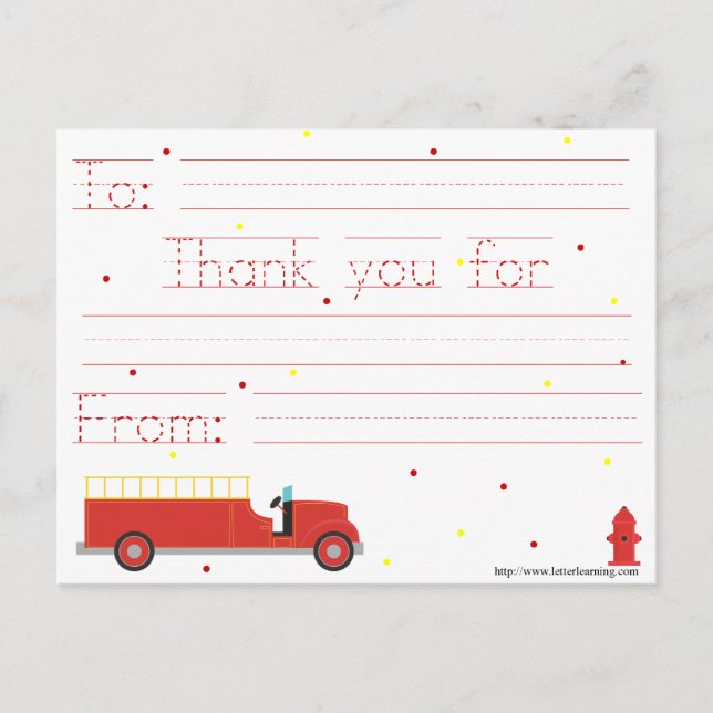 Carte Postale Note de Merci de Firetruck (avec le message (Devant)