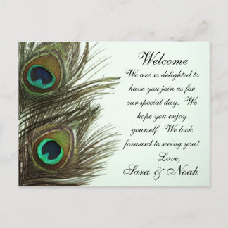 Carte Postale Note de sac d'accueil de mariage de plume de paon