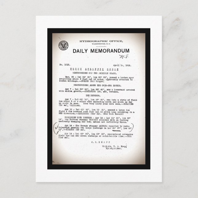 Carte Postale Note de service du Bureau Hydrographique Catastrop (Devant)