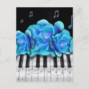 Carte Postale Notes de musique et clavier de piano Rose bleu
