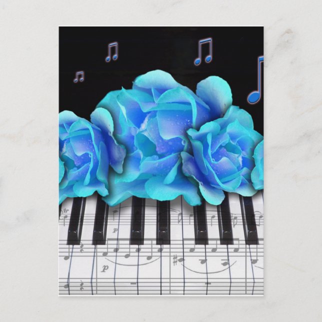 Carte Postale Notes de musique et clavier de piano Rose bleu (Devant)