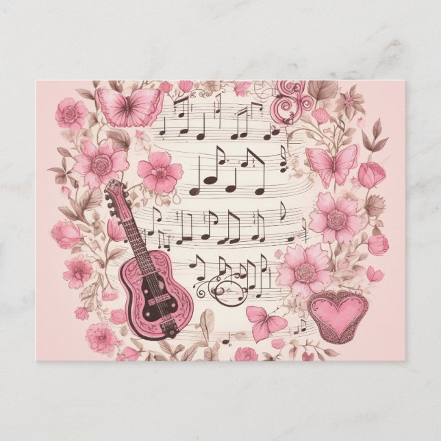 Carte Postale Notes de musique et Fleurs style rétro (Devant)