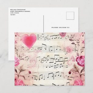Carte Postale Notes musicales et design Vintage Rose