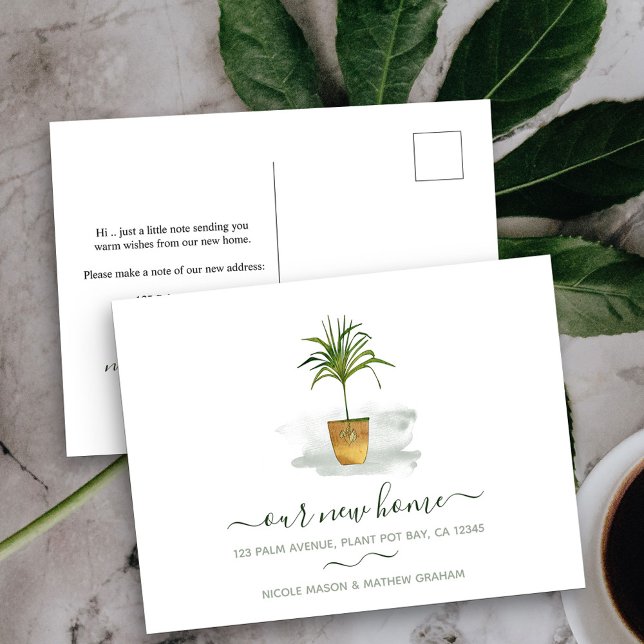 Carte Postale Notre nouvelle maison Plante de palmier Potable Mo (New Address postcard with elegant watercolor potted plant)