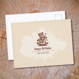 Carte Postale Nounours à cheval sur un Cheval à Bascule