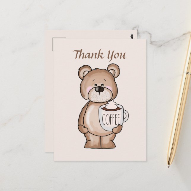 Carte Postale Nounours ours en café ajoutez texte Merci (Devant/Arrière en situation)